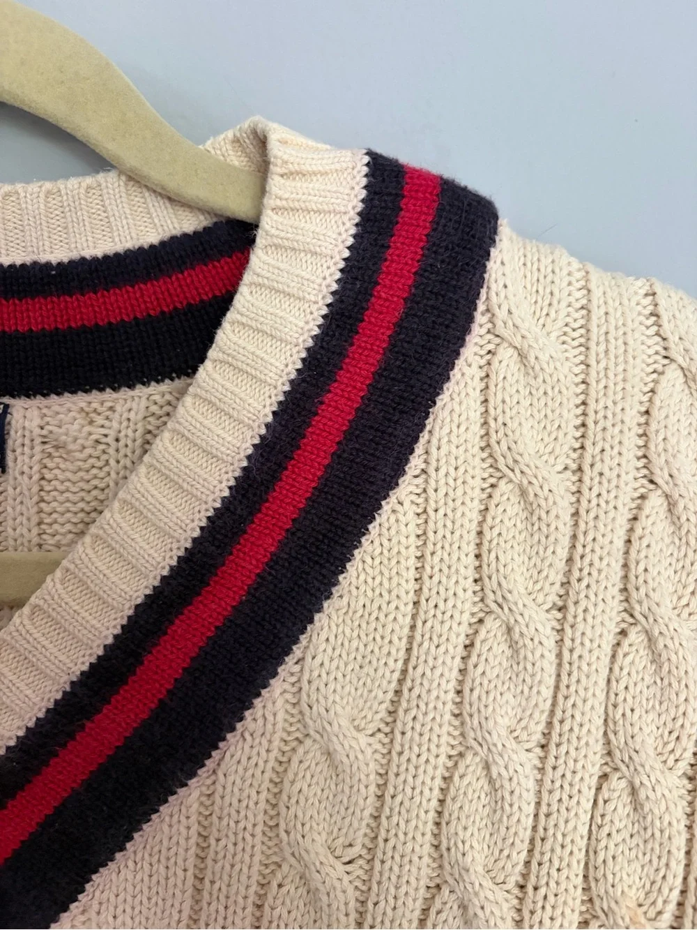 Vtg LANDS END Cable Knit Sweater Men’s L 42-44 V-Neck Preppy Academia Striped